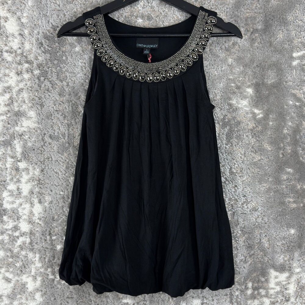 Cynthia Rowley Size S Beaded Stretch Sleeveless Top Black Pullover Blouse Scoop